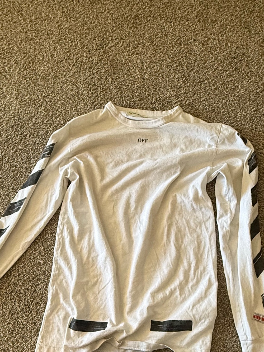 Off-White White Long-Sleeve Tee with Black Diagonal Sleeve Stripes